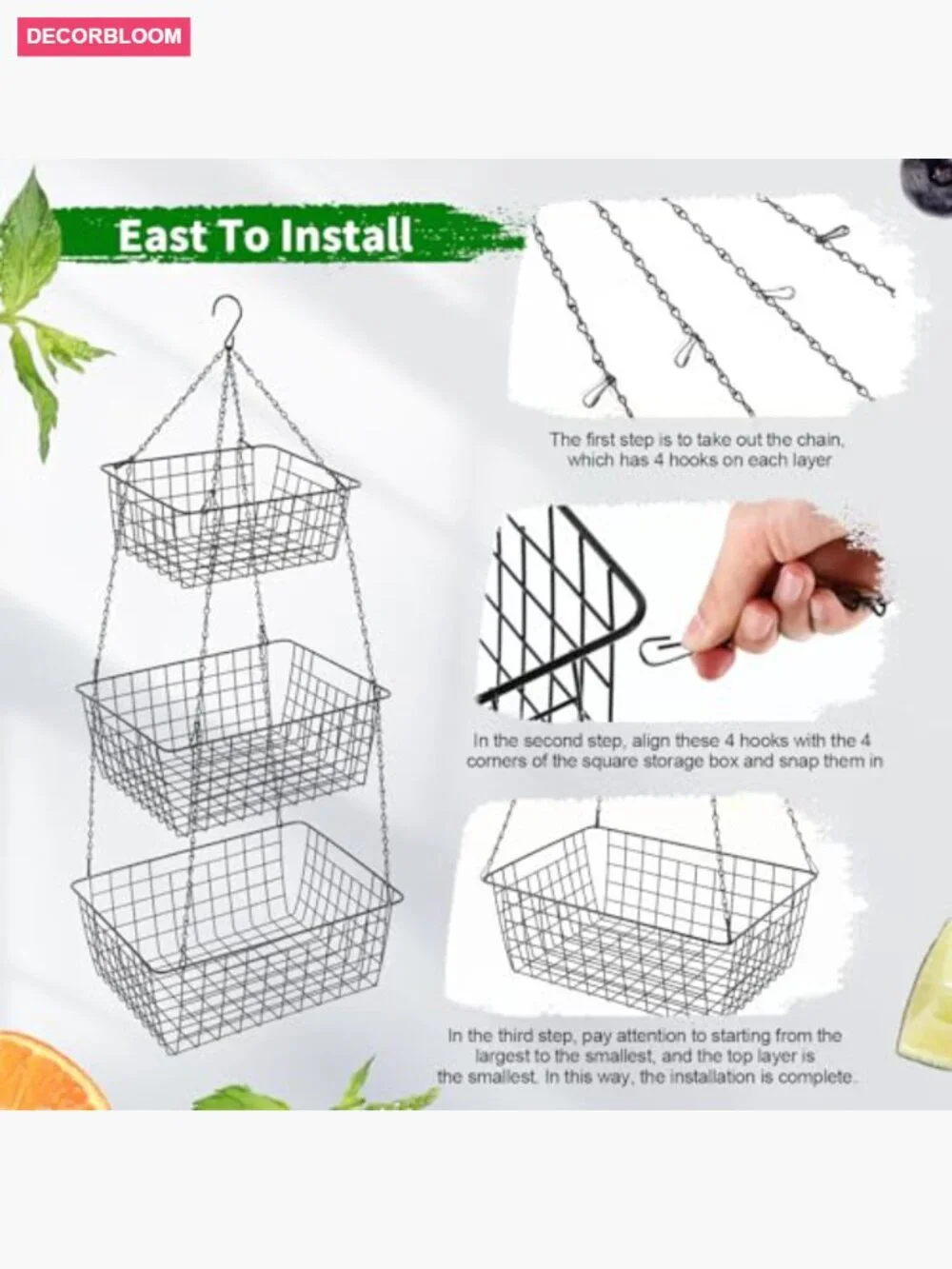 3 Tier Hanging Fruit Basket Square 35.4 Inch Heavy Duty Wire Organizer with